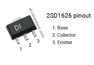 Pinout of the 2SD1626 smd sot-89 transistor, smd marking code DI