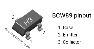 Pinout of the BCW89 smd sot-23 transistor, smd marking code H3
