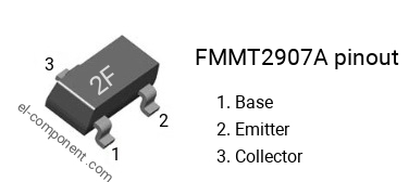 Pinout of the FMMT2907A smd sot-23 transistor, smd marking code 2F