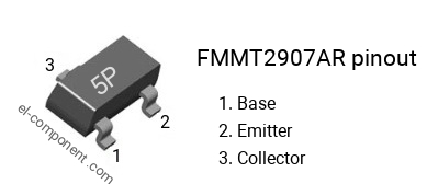 Pinout of the FMMT2907AR smd sot-23 transistor, smd marking code 5P