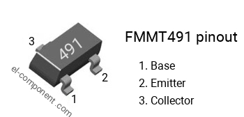 Pinout of the FMMT491 smd sot-23 transistor, smd marking code 491