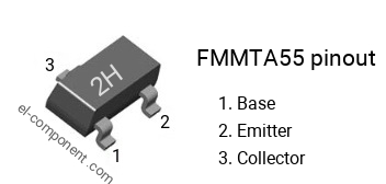 Pinout of the FMMTA55 smd sot-23 transistor, smd marking code 2H