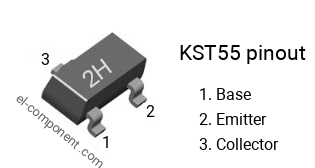 Pinout of the KST55 smd sot-23 transistor, smd marking code 2H