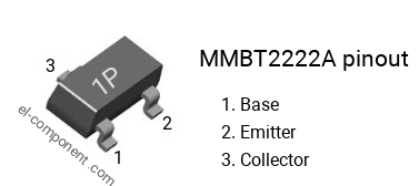 Pinout of the MMBT2222A smd sot-23 transistor, smd marking code 1P