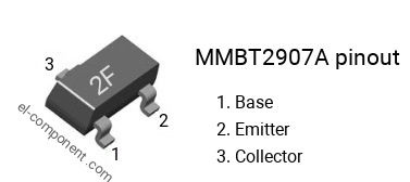 Pinout of the MMBT2907A smd sot-23 transistor, smd marking code 2F