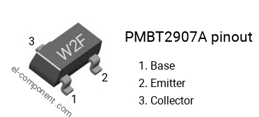 Pinout of the PMBT2907A smd sot-23 transistor, smd marking code W2F