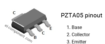 Pinout of the PZTA05 smd sot-223 transistor