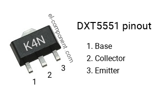 Pinout of the DXT5551 smd sot-89 transistor, smd marking code K4N