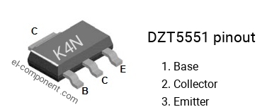 Pinout of the DZT5551 smd sot-223 transistor, smd marking code K4N