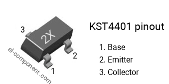 Pinout of the KST4401 smd sot-23 transistor, smd marking code 2X