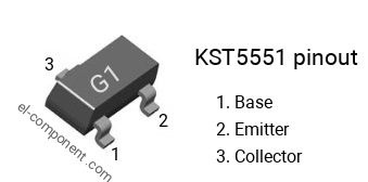 Pinout of the KST5551 smd sot-23 transistor, smd marking code G1