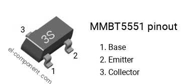 Pinout of the MMBT5551 smd sot-23 transistor, smd marking code 3S
